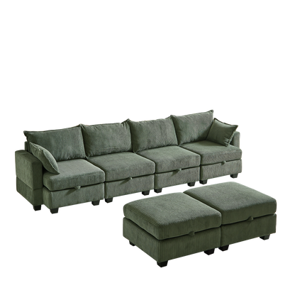 113.5'' Modular Sectiona Corduroy Sofa, Sectional Couches for Living Room U Shaped Sectional Couch with Storage Ottoman, 6 Seats Convertible Sectionals with Chaise