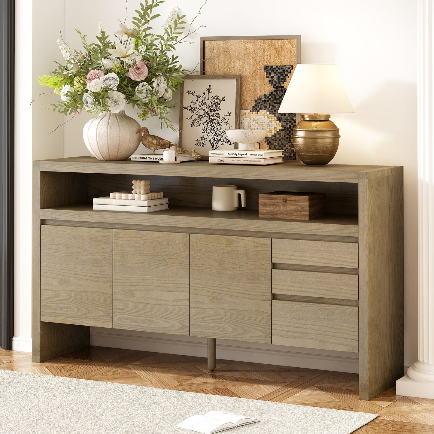 U_Style 60' 3-Door Sideboard with 3 Drawers - Modern Solid Ash Veneer MDF Sideboard, Semi-Open Shelf & Center Semi-Circular Cutout in Back Panel, Large Storage Cabinet for Living Room, Hallway, Dining