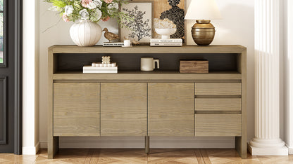 U_Style 60' 3-Door Sideboard with 3 Drawers - Modern Solid Ash Veneer MDF Sideboard, Semi-Open Shelf & Center Semi-Circular Cutout in Back Panel, Large Storage Cabinet for Living Room, Hallway, Dining