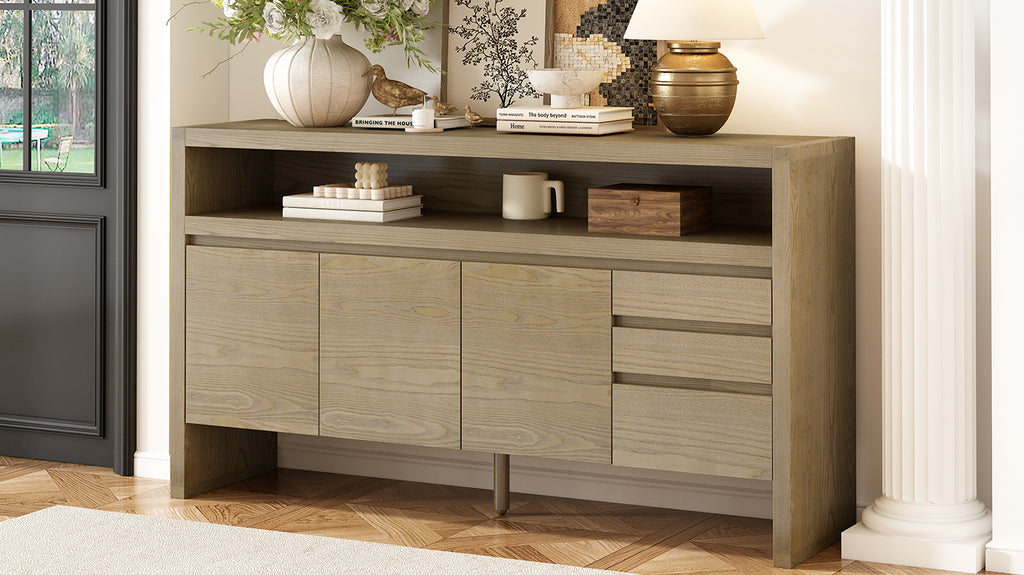 U_Style 60' 3-Door Sideboard with 3 Drawers - Modern Solid Ash Veneer MDF Sideboard, Semi-Open Shelf & Center Semi-Circular Cutout in Back Panel, Large Storage Cabinet for Living Room, Hallway, Dining
