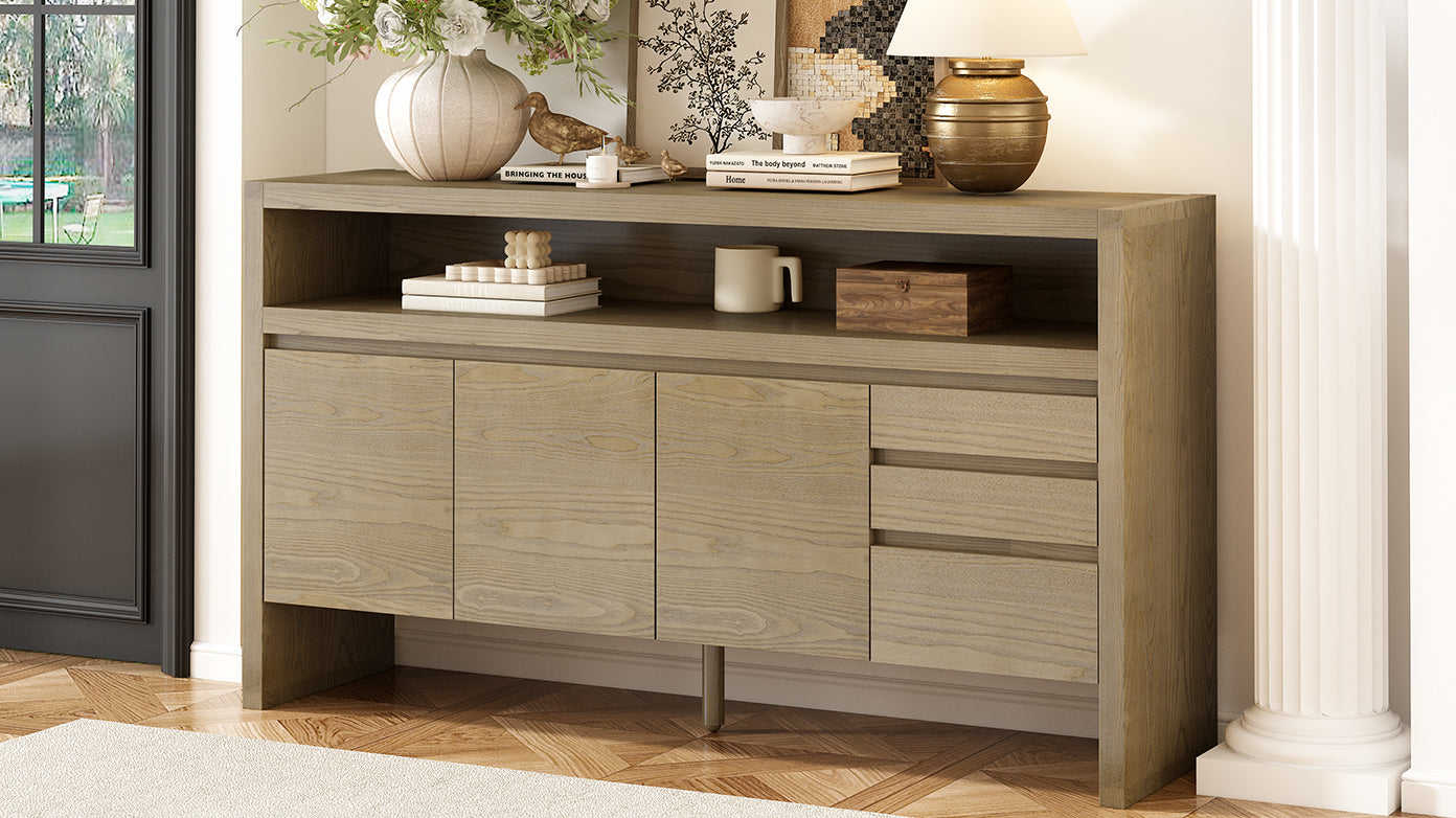 U_Style 60' 3-Door Sideboard with 3 Drawers - Modern Solid Ash Veneer MDF Sideboard, Semi-Open Shelf & Center Semi-Circular Cutout in Back Panel, Large Storage Cabinet for Living Room, Hallway, Dining