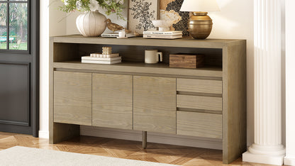 U_Style 60' 3-Door Sideboard with 3 Drawers - Modern Solid Ash Veneer MDF Sideboard, Semi-Open Shelf & Center Semi-Circular Cutout in Back Panel, Large Storage Cabinet for Living Room, Hallway, Dining