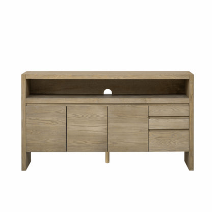 U_Style 60' 3-Door Sideboard with 3 Drawers - Modern Solid Ash Veneer MDF Sideboard, Semi-Open Shelf & Center Semi-Circular Cutout in Back Panel, Large Storage Cabinet for Living Room, Hallway, Dining