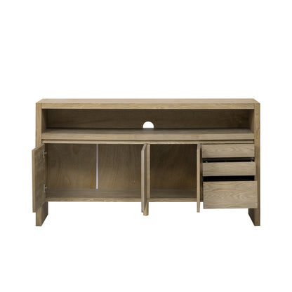 U_Style 60' 3-Door Sideboard with 3 Drawers - Modern Solid Ash Veneer MDF Sideboard, Semi-Open Shelf & Center Semi-Circular Cutout in Back Panel, Large Storage Cabinet for Living Room, Hallway, Dining