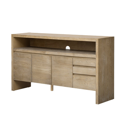 U_Style 60' 3-Door Sideboard with 3 Drawers - Modern Solid Ash Veneer MDF Sideboard, Semi-Open Shelf & Center Semi-Circular Cutout in Back Panel, Large Storage Cabinet for Living Room, Hallway, Dining