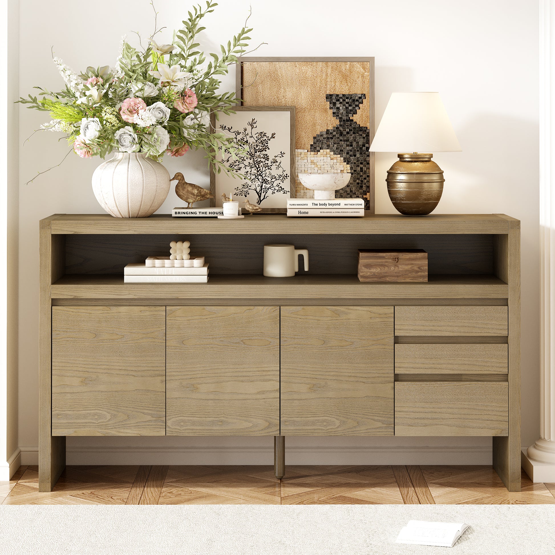 U_Style 60' 3-Door Sideboard with 3 Drawers - Modern Solid Ash Veneer MDF Sideboard, Semi-Open Shelf & Center Semi-Circular Cutout in Back Panel, Large Storage Cabinet for Living Room, Hallway, Dining