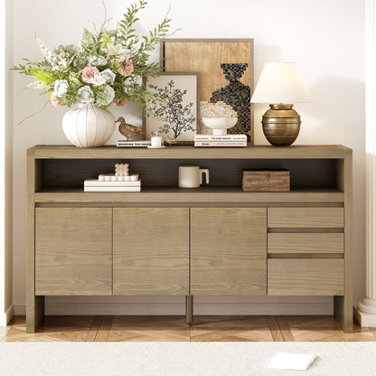 U_Style 60' 3-Door Sideboard with 3 Drawers - Modern Solid Ash Veneer MDF Sideboard, Semi-Open Shelf & Center Semi-Circular Cutout in Back Panel, Large Storage Cabinet for Living Room, Hallway, Dining