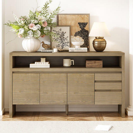 U_Style 60' 3-Door Sideboard with 3 Drawers - Modern Solid Ash Veneer MDF Sideboard, Semi-Open Shelf & Center Semi-Circular Cutout in Back Panel, Large Storage Cabinet for Living Room, Hallway, Dining