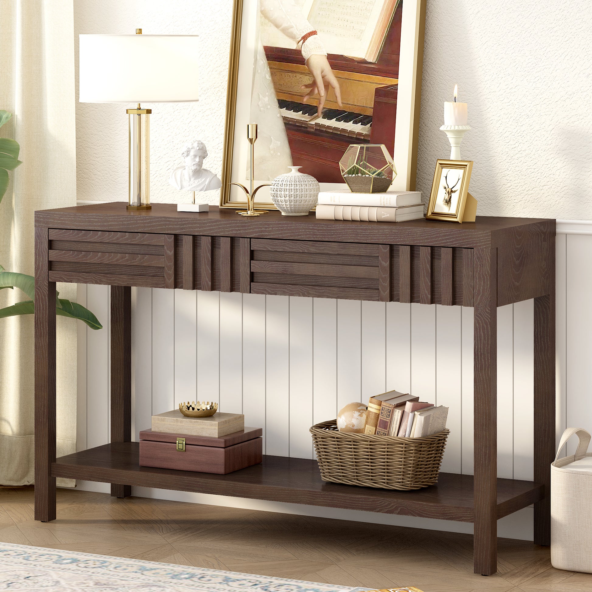 U_STYLE Ash Veneer Modern Style Console Table, Striped Design, Suitable for Entryway, Corridor, Foyer, Living Room, Study