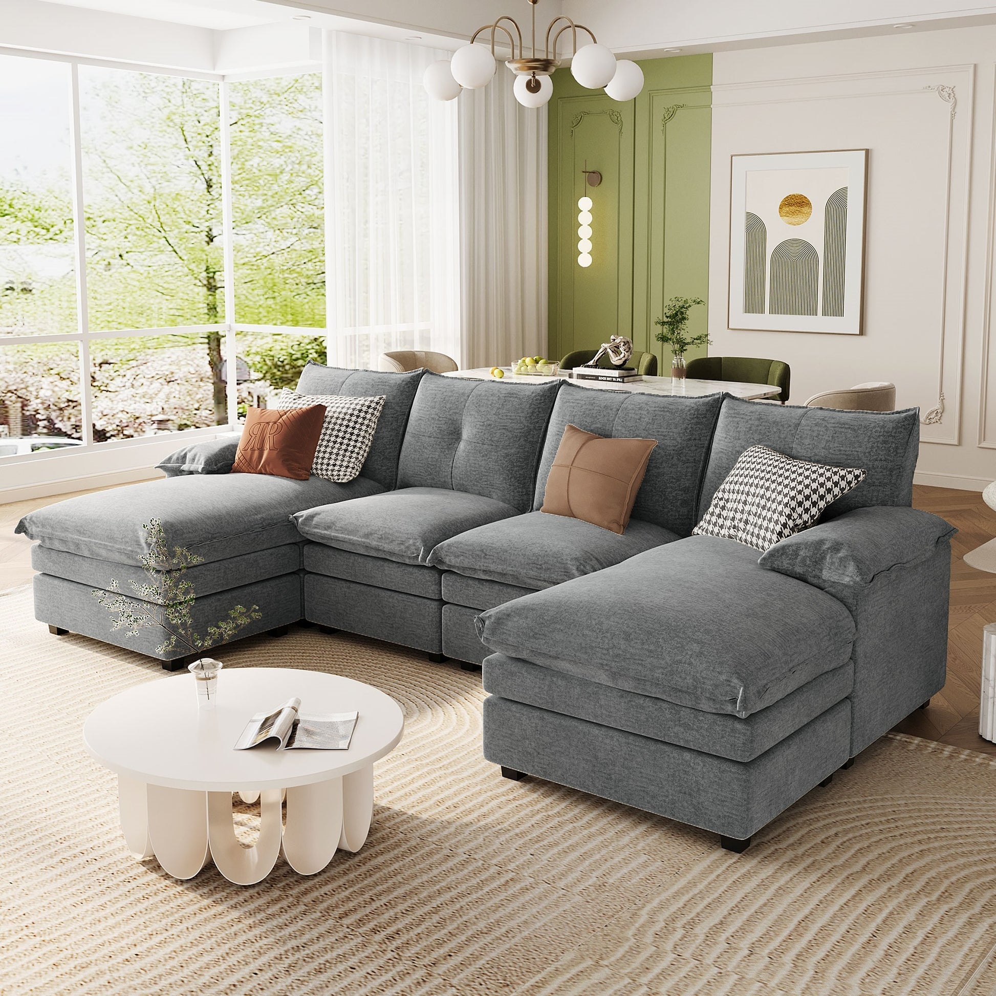 U_STYLE U-Shaped Chenille Sectional Sofa with Adjustable Armrest Pillows - Perfect for Living Rooms, Offices, and Spacious Spaces