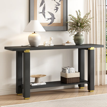 U_Style 62.9' Modern Minimalist Console Table, Solid Wood Entryway Sofa Table with Metal Accents, Built-in Shelf, for Living Room, Hallway (3 Colors: Black, Gray, Natural)