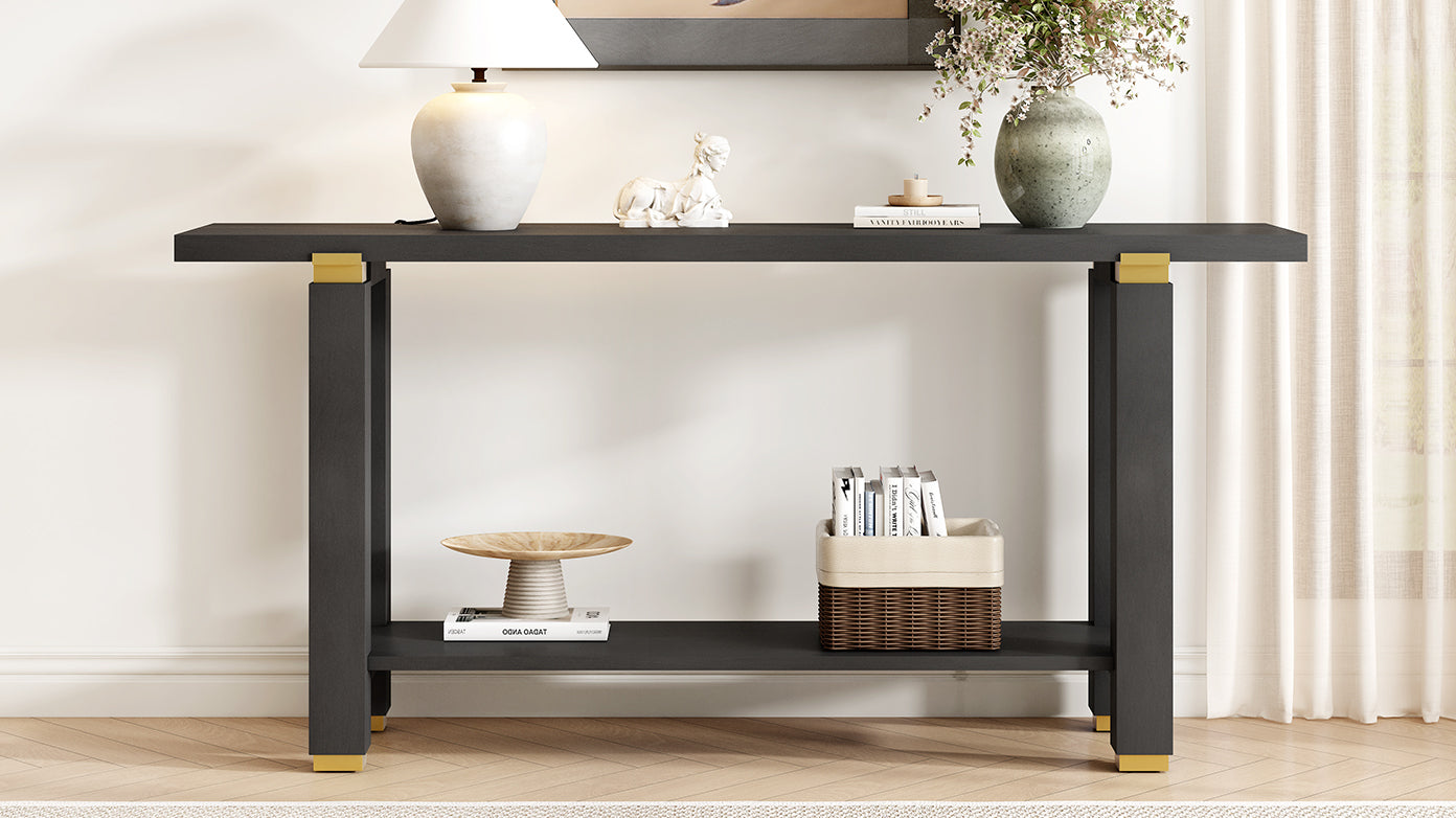 U_Style 62.9' Modern Minimalist Console Table, Solid Wood Entryway Sofa Table with Metal Accents, Built-in Shelf, for Living Room, Hallway (3 Colors: Black, Gray, Natural)