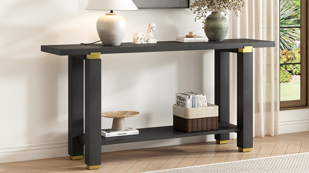 U_Style 62.9' Modern Minimalist Console Table, Solid Wood Entryway Sofa Table with Metal Accents, Built-in Shelf, for Living Room, Hallway (3 Colors: Black, Gray, Natural)