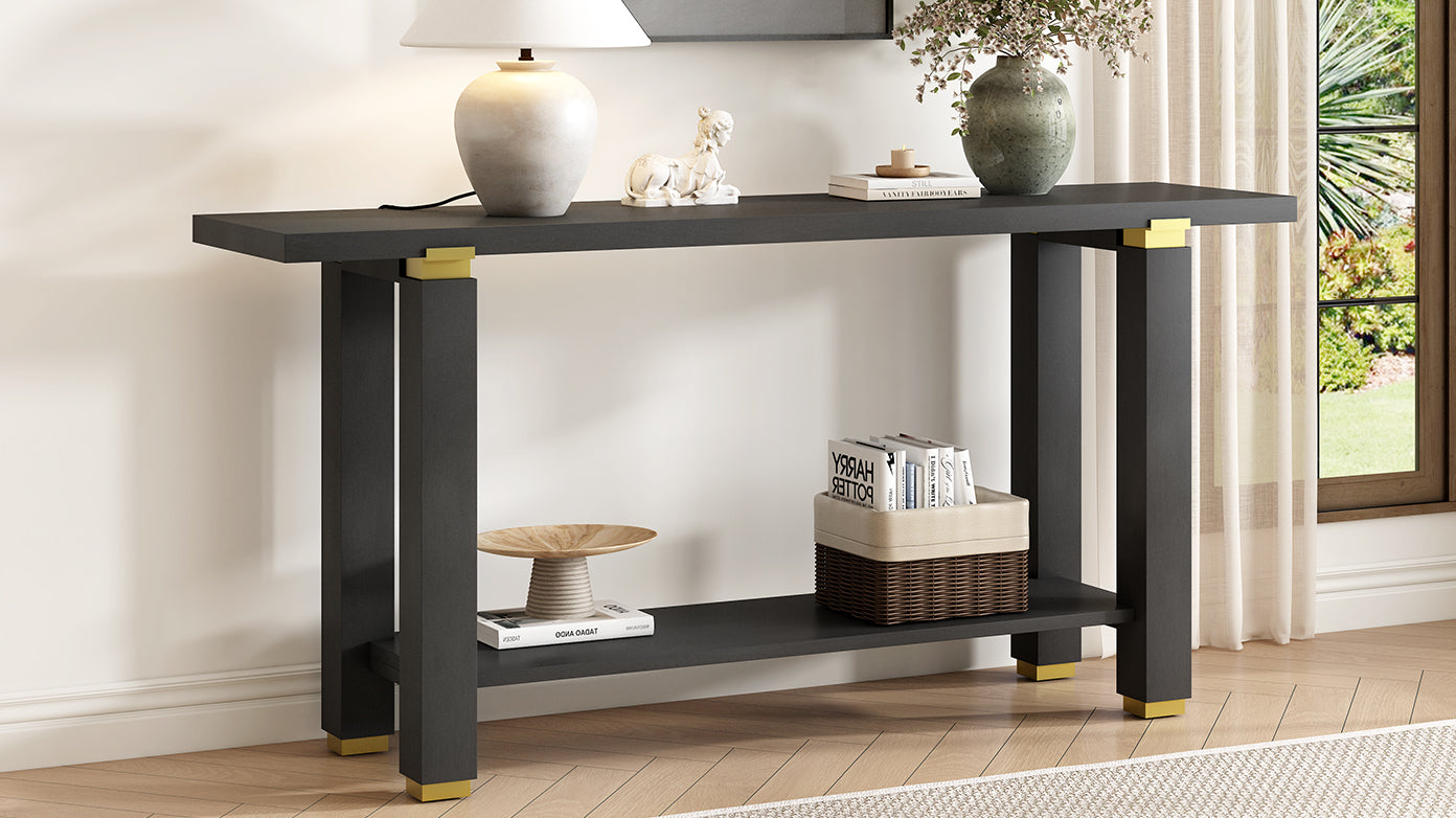 U_Style 62.9' Modern Minimalist Console Table, Solid Wood Entryway Sofa Table with Metal Accents, Built-in Shelf, for Living Room, Hallway (3 Colors: Black, Gray, Natural)