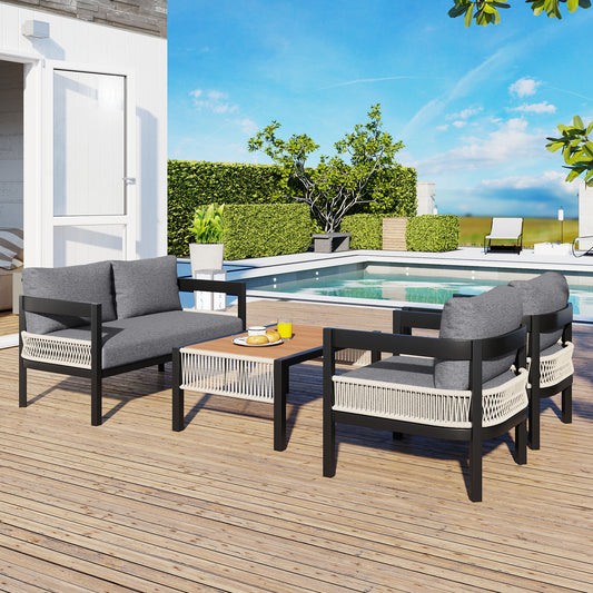 U_Style Multi-person Outdoor Iron Sofa Set with A table, Rattan Decoration, Waterproof, Rust-proof, Suitable for Garden, Lawn Use