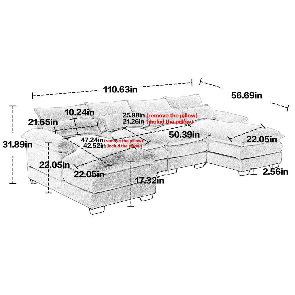 UNITED WE WIN Chenille, high quality sponge filling, solid wood frame, oversized four-seater, U-shaped combination sofa