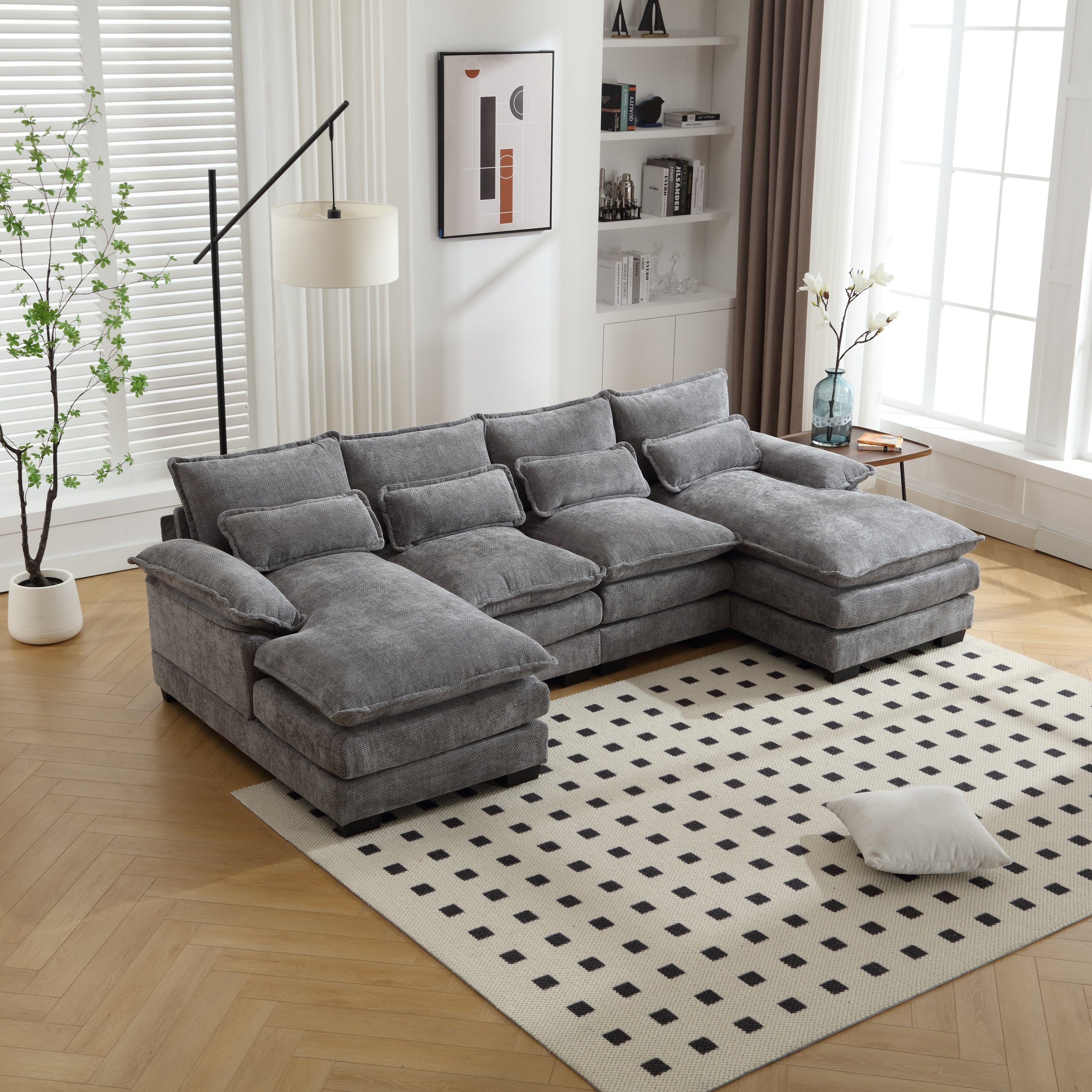 UNITED WE WIN Chenille, high quality sponge filling, solid wood frame, oversized four-seater, U-shaped combination sofa
