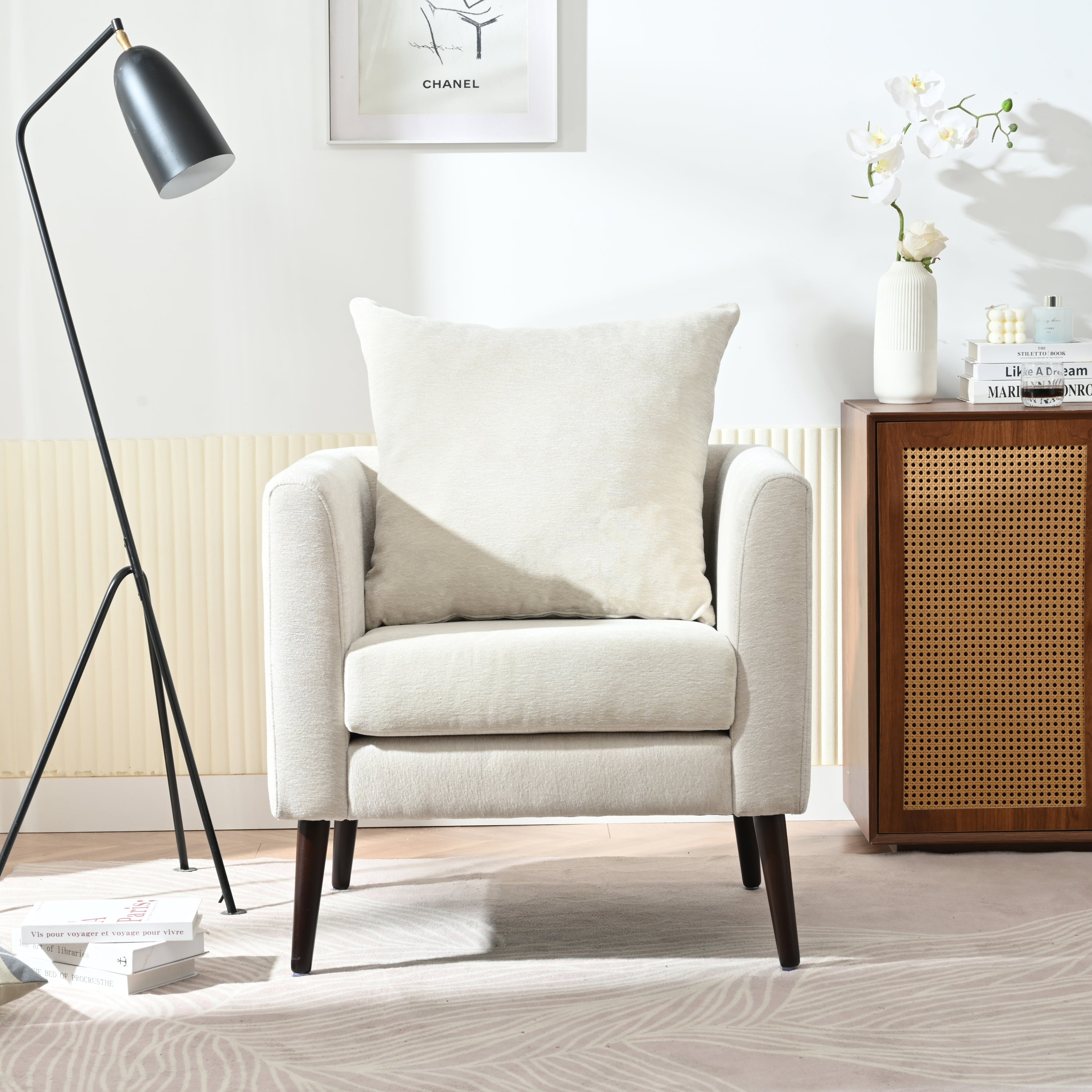 Barrel Chair, Chenille Accent Chair, Fabric Armchair Club Chair,Upholstered Arm Chair with Solid Wood Legs,Waist Pillow,Padded Single Chair for Living Room/Bedroom/Study/Waiting Room,Beige - Groovy Boardz