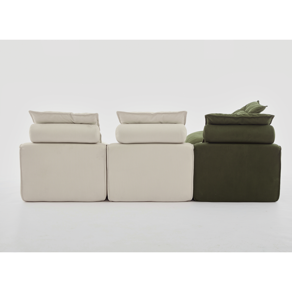 Upholstered Beige Green Corduroy Modular Sofa, 4 Seats.