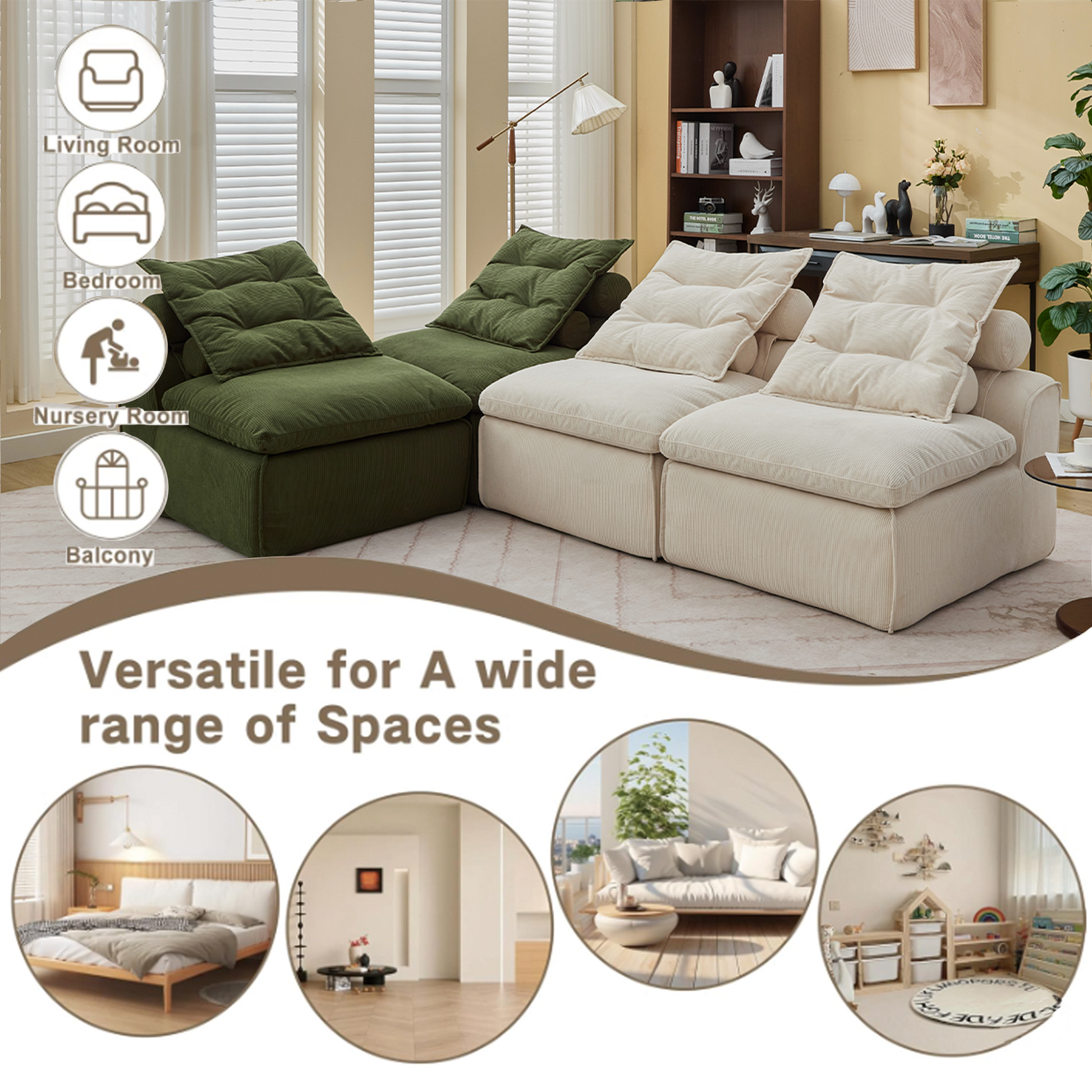 [NEW ARRIVED] [VIDEO PROVIDED]Modular Sofa,No Armrests,At will DIY,Corduroy ,Neck Pillow-Back Lounge Sofa Chair,Reading Nook, or Apartment Living, Lumbar Pillow,4 Seats,Upholstered,Beige,Green