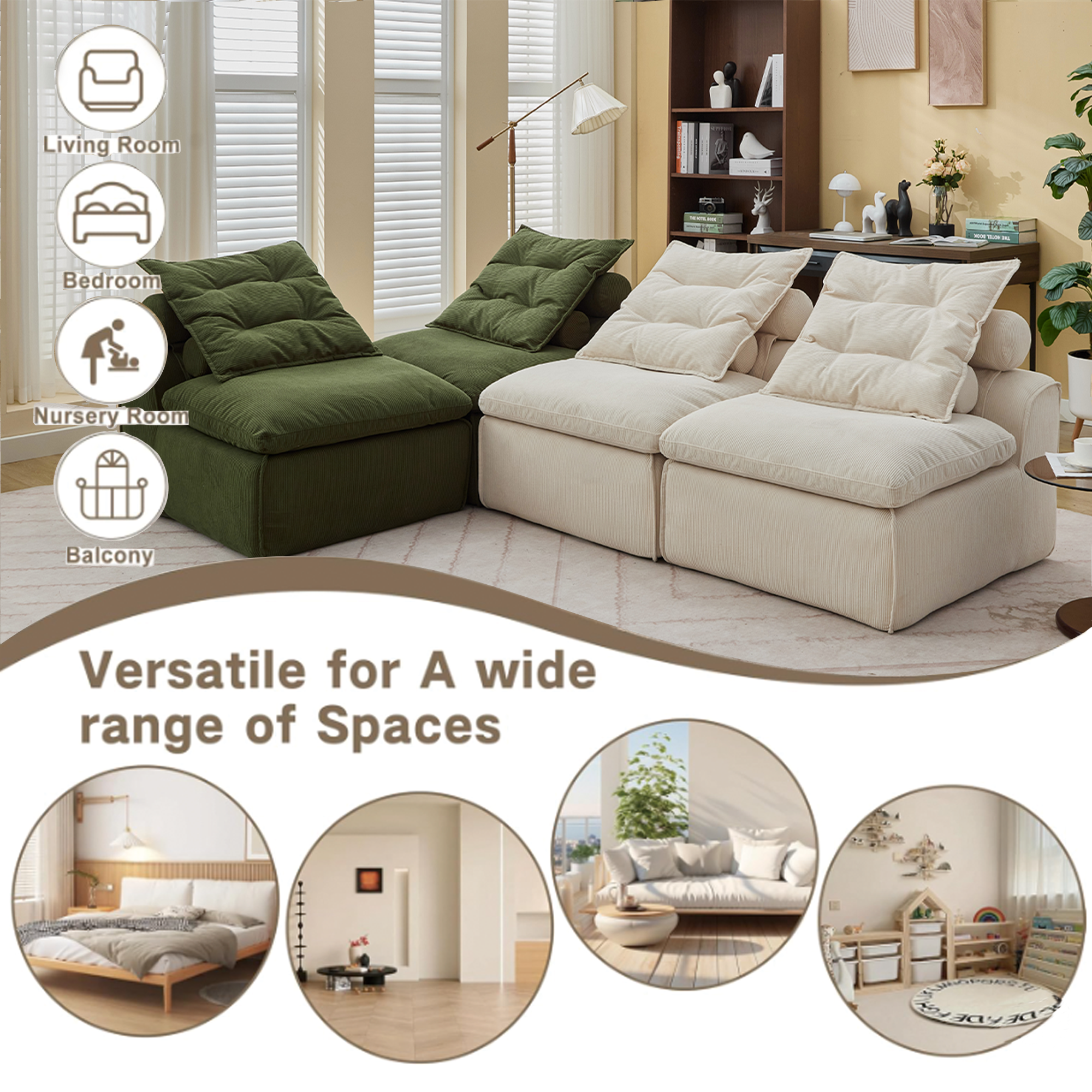 [NEW ARRIVED] [VIDEO PROVIDED]Modular Sofa,No Armrests,At will DIY,Corduroy ,Neck Pillow-Back Lounge Sofa Chair,Reading Nook, or Apartment Living, Lumbar Pillow,4 Seats,Upholstered,Beige,Green