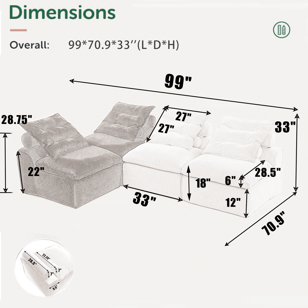 Upholstered Beige Green Corduroy Modular Sofa, 4 Seats.
