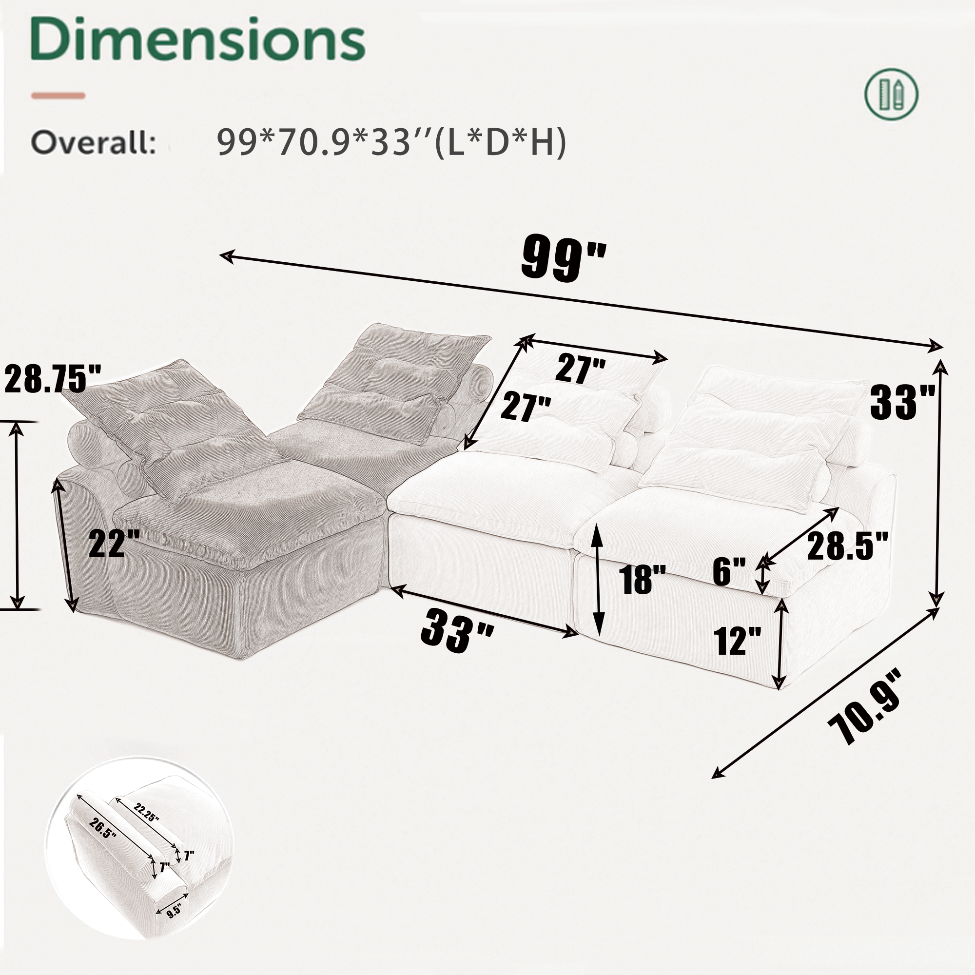 [NEW ARRIVED] [VIDEO PROVIDED]Modular Sofa,No Armrests,At will DIY,Corduroy ,Neck Pillow-Back Lounge Sofa Chair,Reading Nook, or Apartment Living, Lumbar Pillow,4 Seats,Upholstered,Beige,Green