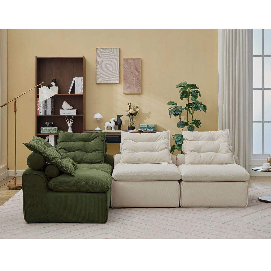 Upholstered Beige Green Corduroy Modular Sofa, 4 Seats.