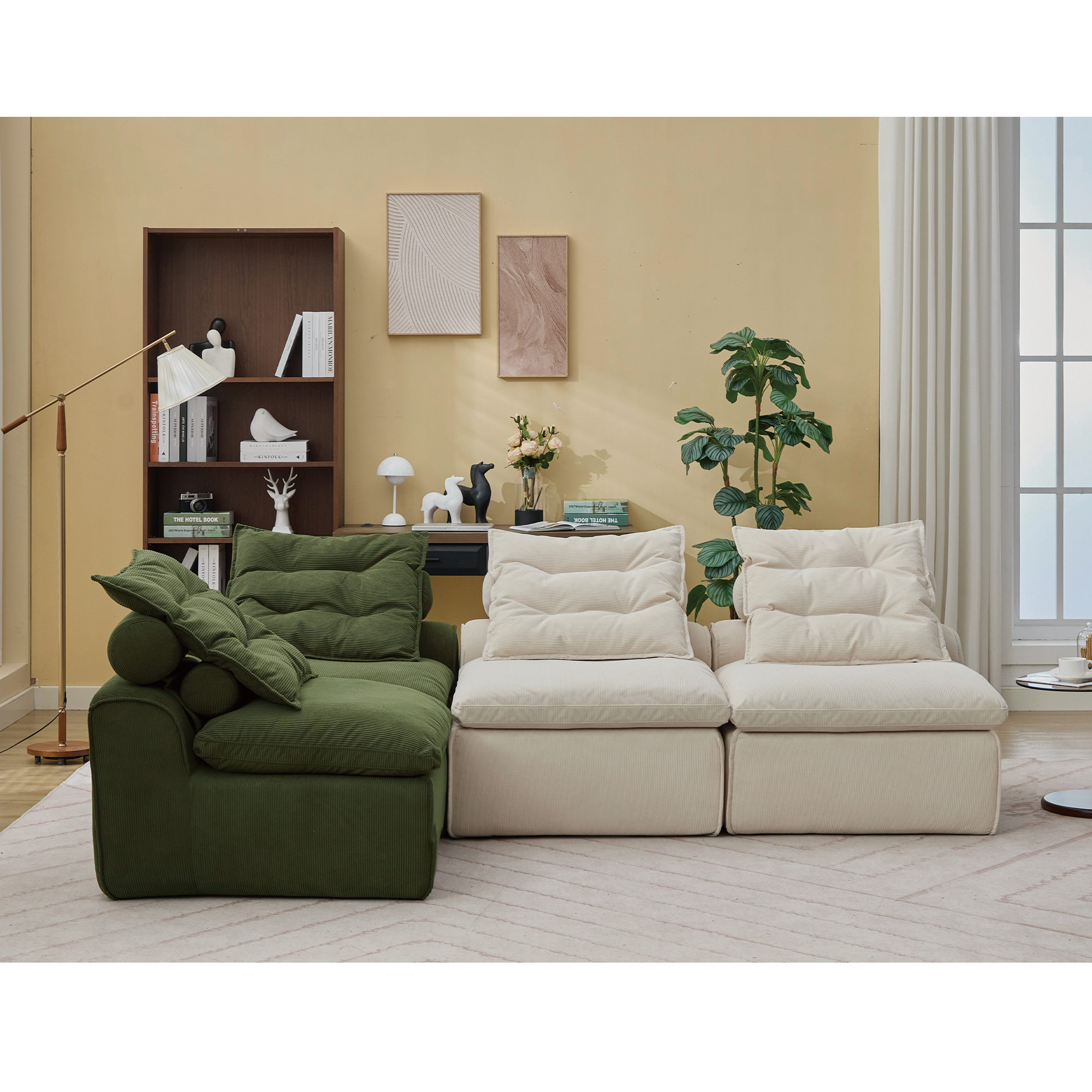 [NEW ARRIVED] [VIDEO PROVIDED]Modular Sofa,No Armrests,At will DIY,Corduroy ,Neck Pillow-Back Lounge Sofa Chair,Reading Nook, or Apartment Living, Lumbar Pillow,4 Seats,Upholstered,Beige,Green