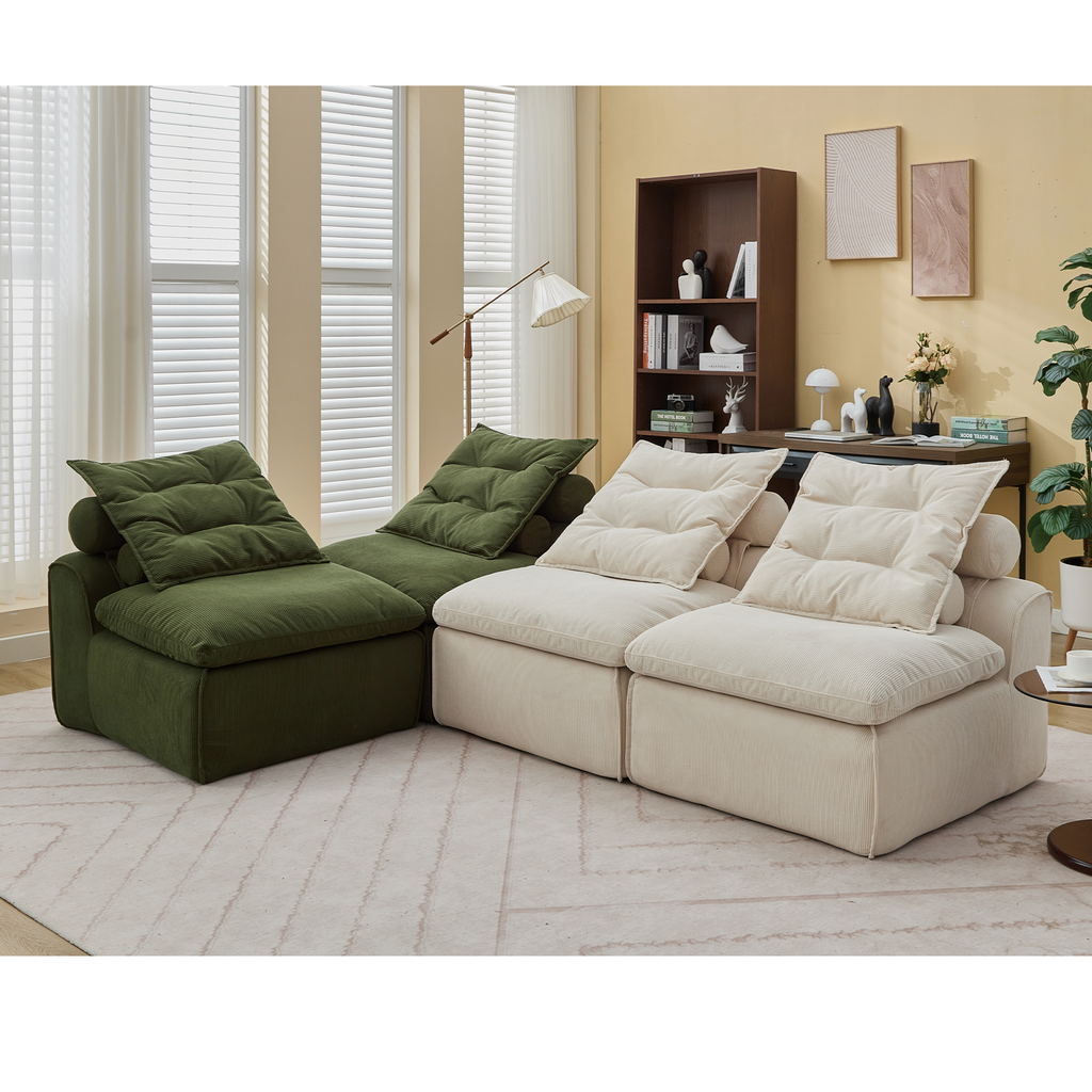 Upholstered Beige Green Corduroy Modular Sofa, 4 Seats.