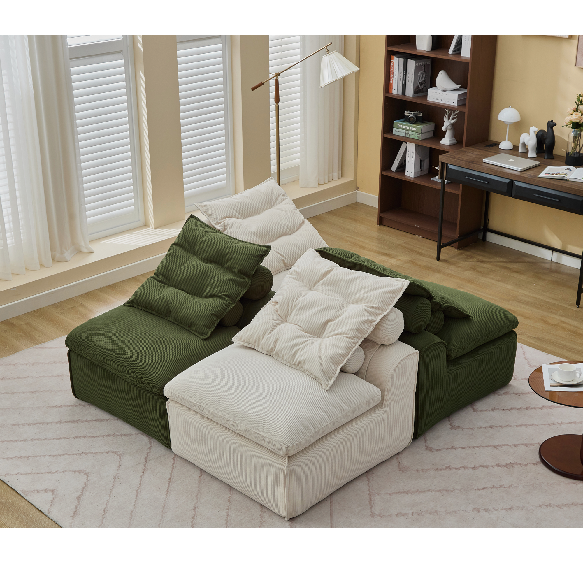 Upholstered Beige Green Corduroy Modular Sofa, 4 Seats.
