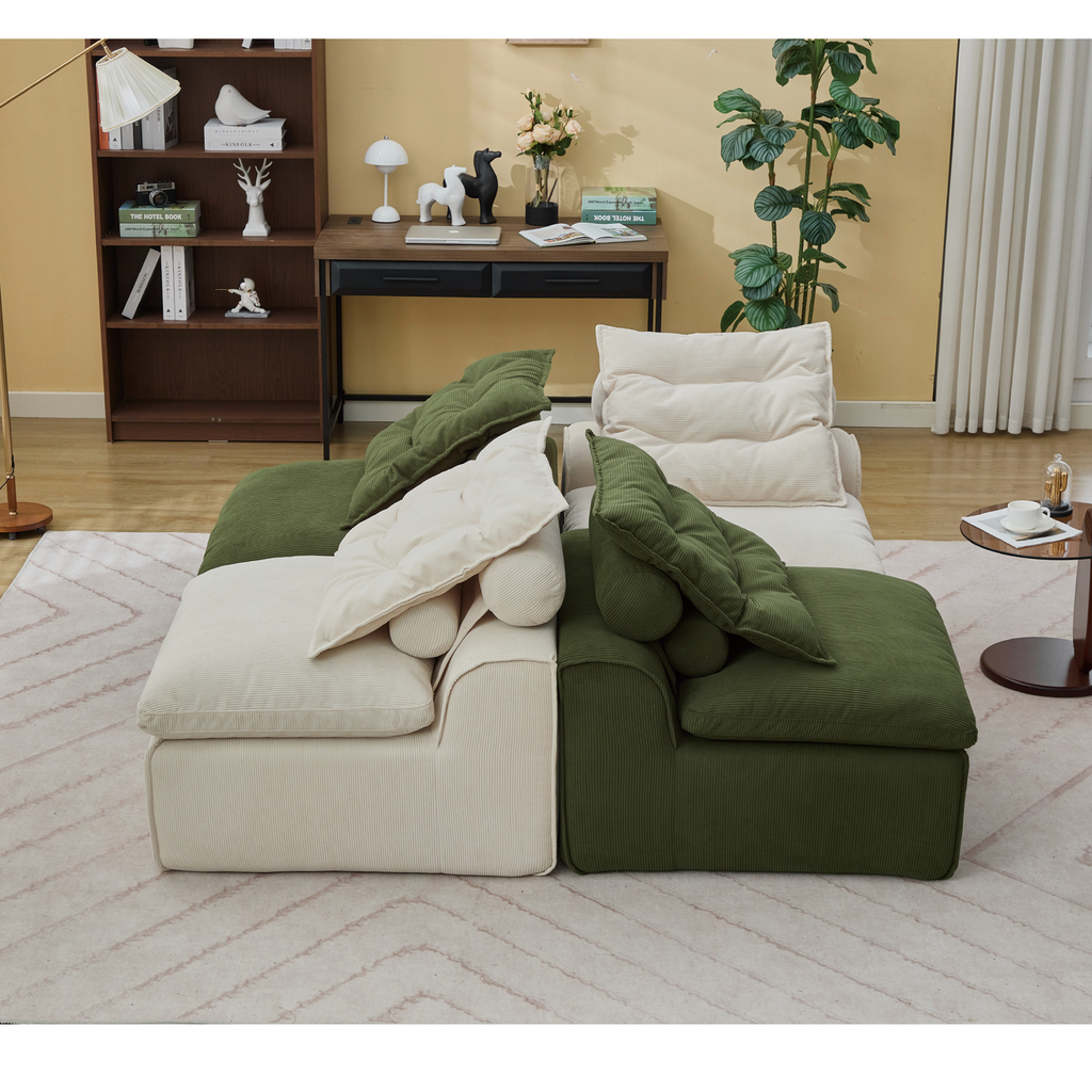 Upholstered Beige Green Corduroy Modular Sofa, 4 Seats.