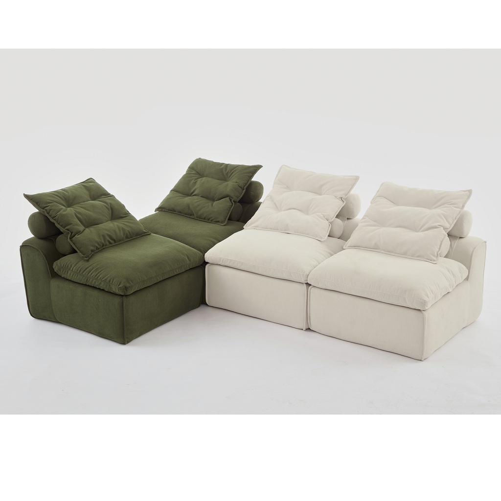 Upholstered Beige Green Corduroy Modular Sofa, 4 Seats.