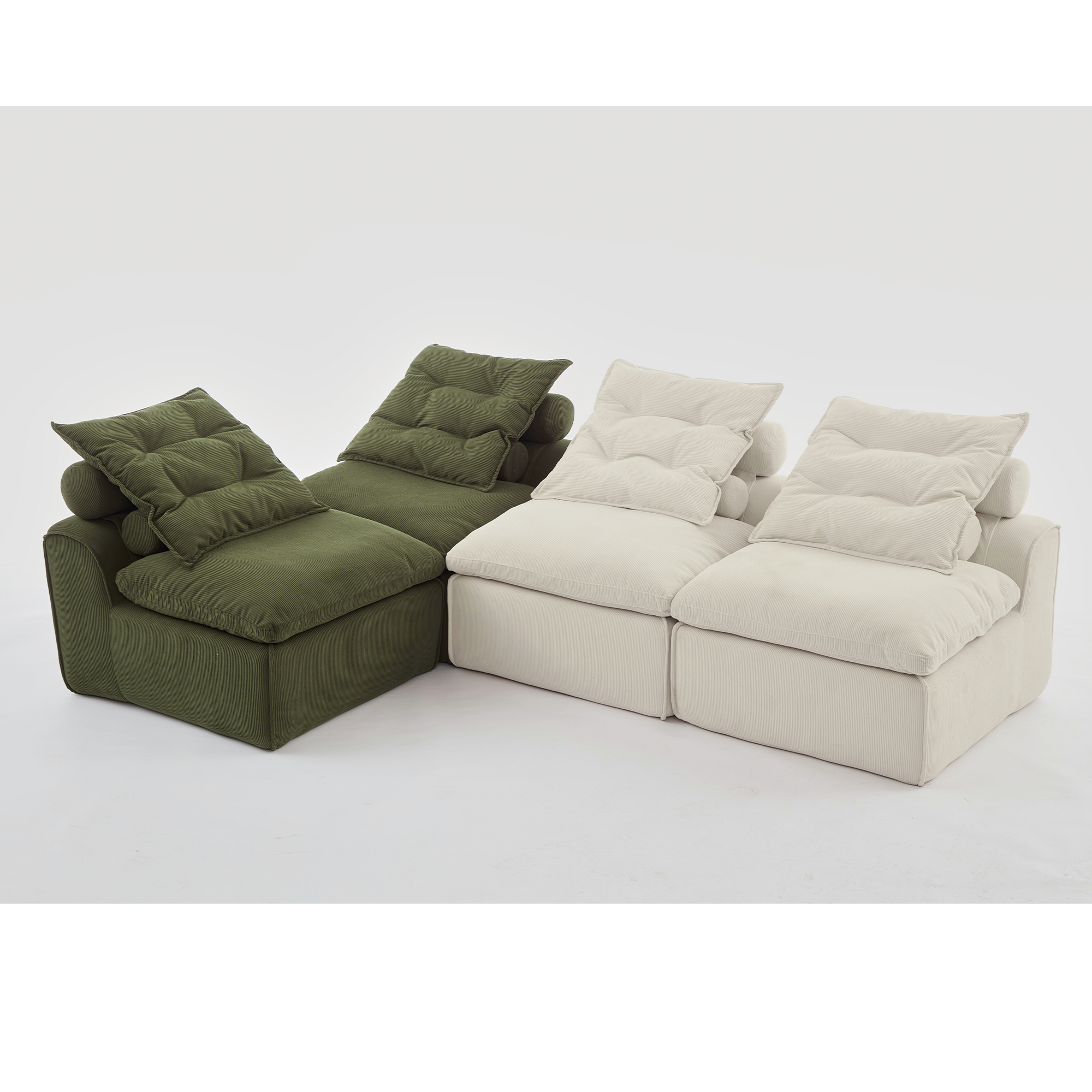 Upholstered Beige Green Corduroy Modular Sofa, 4 Seats.