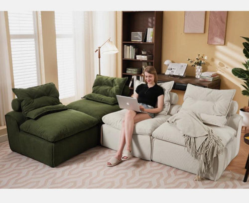 Upholstered Beige Green Corduroy Modular Sofa, 4 Seats.