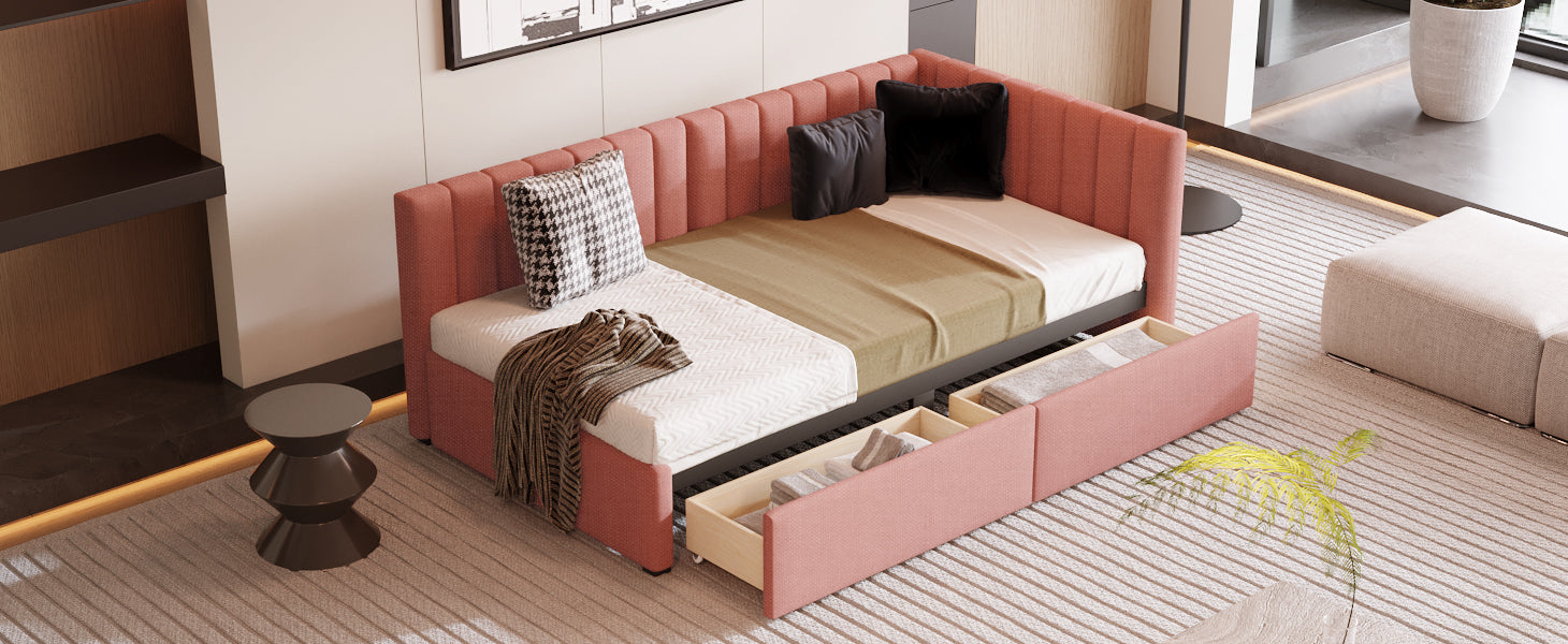Upholstered Daybed with 2 Storage Drawers Twin Size Sofa Bed Frame No Box Spring Needed, Linen Fabric (Pink)