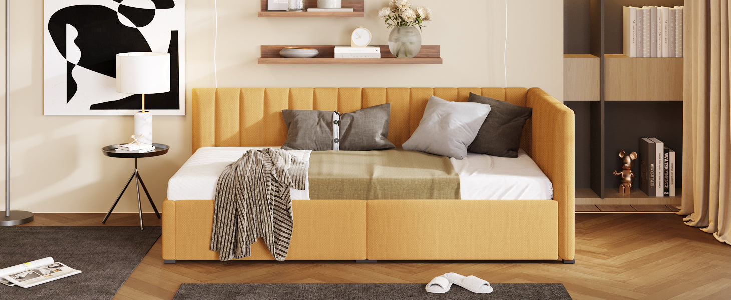 Upholstered Daybed with 2 Storage Drawers Twin Size Sofa Bed Frame No Box Spring Needed, Linen Fabric (Yellow) - Groovy Boardz