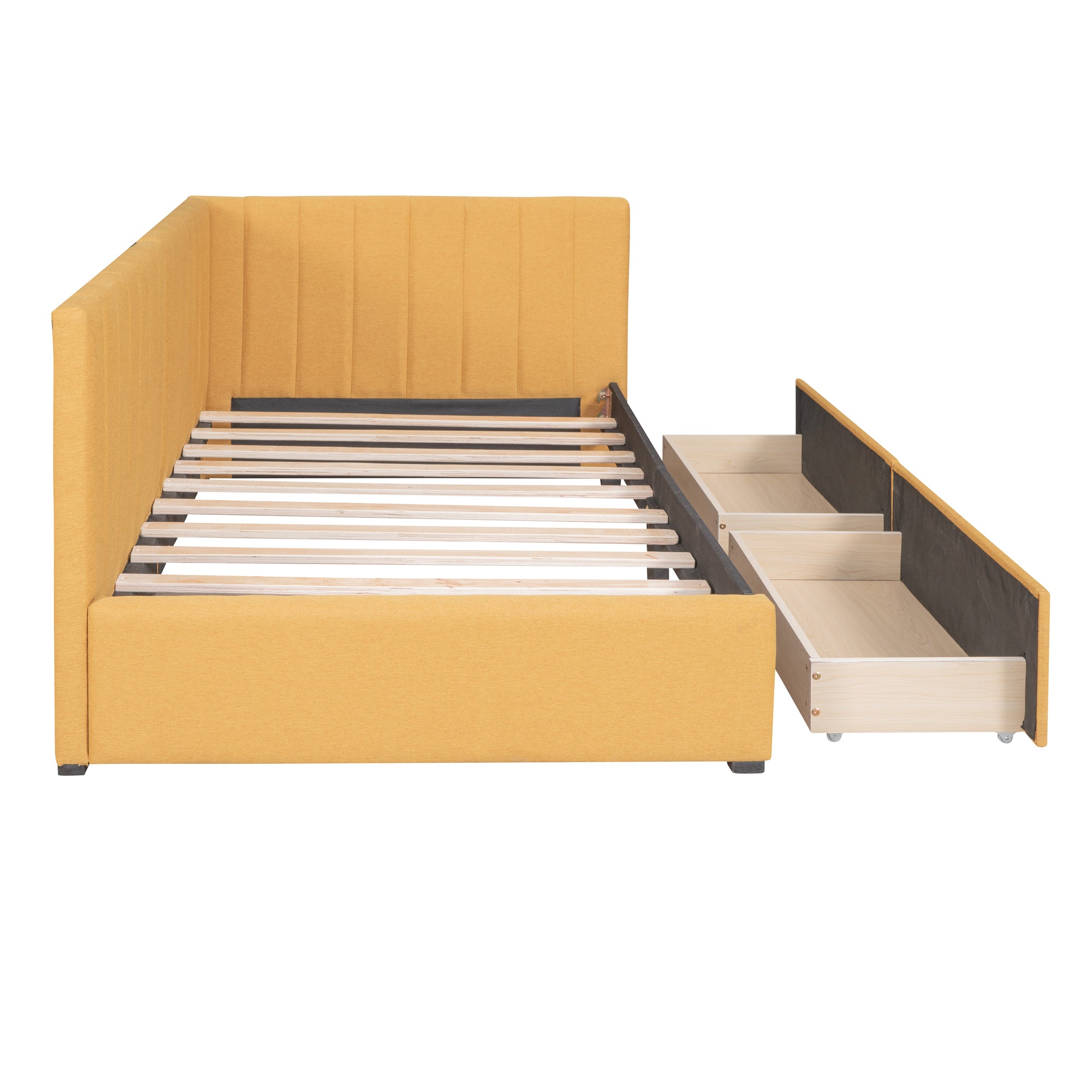 Upholstered Daybed with 2 Storage Drawers Twin Size Sofa Bed Frame No Box Spring Needed, Linen Fabric (Yellow) - Groovy Boardz