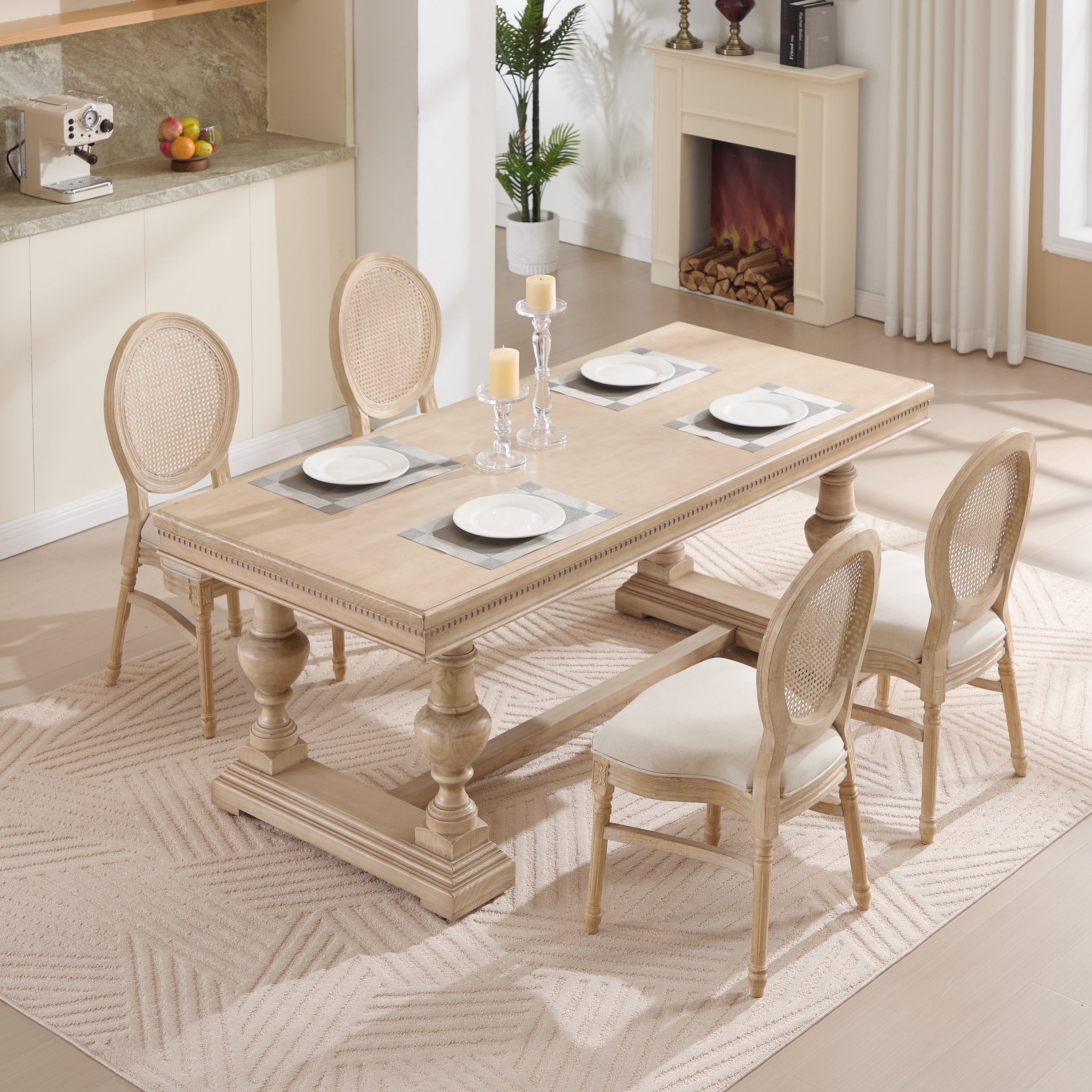 French Country Dining Chairs Set of 2, Upholstered Chairs with Nature Rattan Round Back, Wire drawing and carving techniques ,Disassemblable and Stackable, for Living Room, Kitchen , Restaurant Use