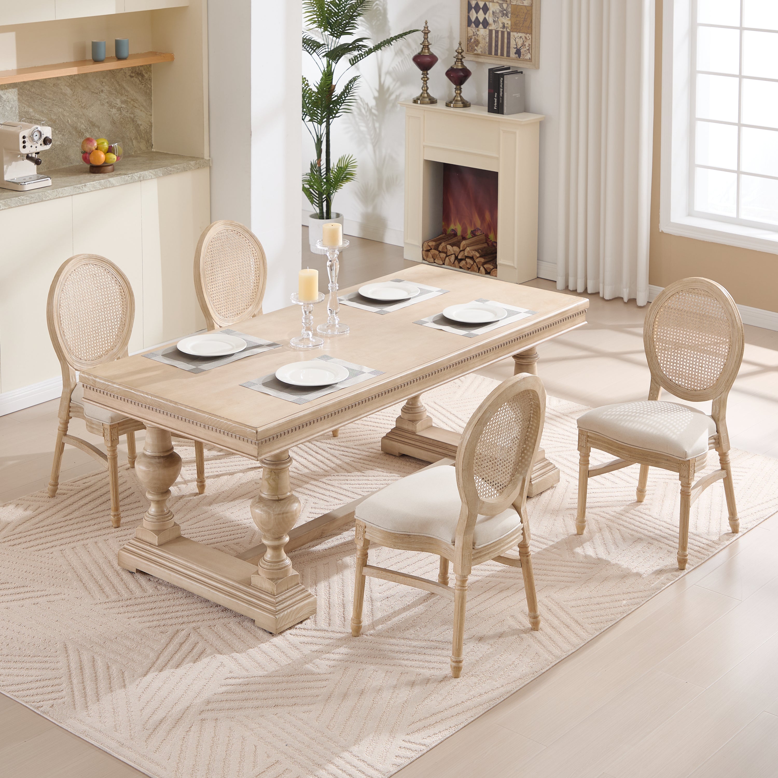 French Country Dining Chairs Set of 2, Upholstered Chairs with Nature Rattan Round Back, Wire drawing and carving techniques ,Disassemblable and Stackable, for Living Room, Kitchen , Restaurant Use