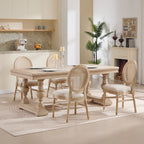 French Country Dining Chairs Set of 2, Upholstered Chairs with Nature Rattan Round Back, Wire drawing and carving techniques ,Disassemblable and Stackable, for Living Room, Kitchen , Restaurant Use