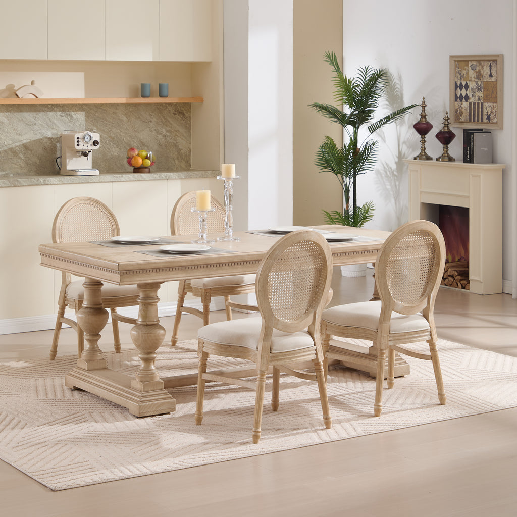 French Country Dining Chairs Set of 2, Upholstered Chairs with Nature Rattan Round Back, Wire drawing and carving techniques ,Disassemblable and Stackable, for Living Room, Kitchen , Restaurant Use