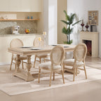 French Country Dining Chairs Set of 2, Upholstered Chairs with Nature Rattan Round Back, Wire drawing and carving techniques ,Disassemblable and Stackable, for Living Room, Kitchen , Restaurant Use