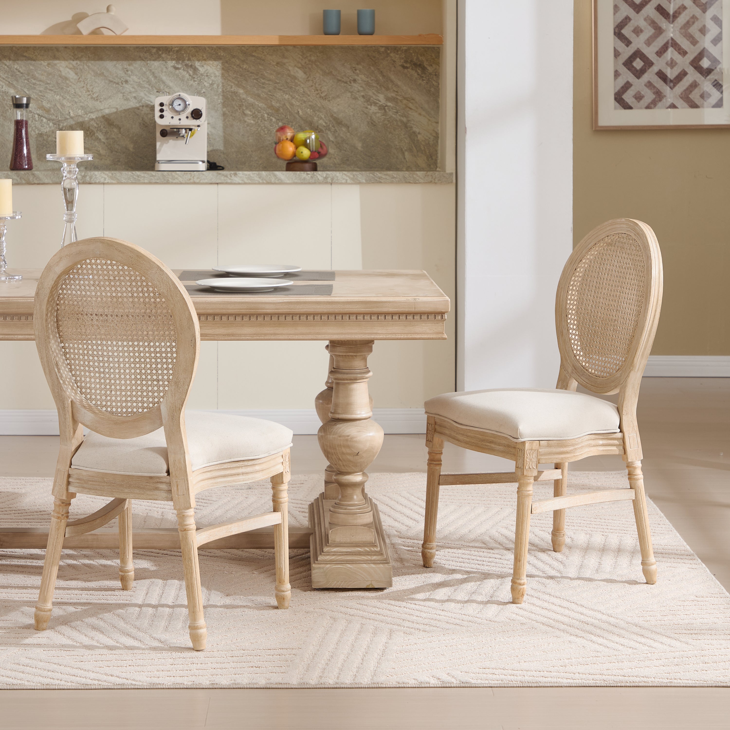 French Country Dining Chairs Set of 2, Upholstered Chairs with Nature Rattan Round Back, Wire drawing and carving techniques ,Disassemblable and Stackable, for Living Room, Kitchen , Restaurant Use