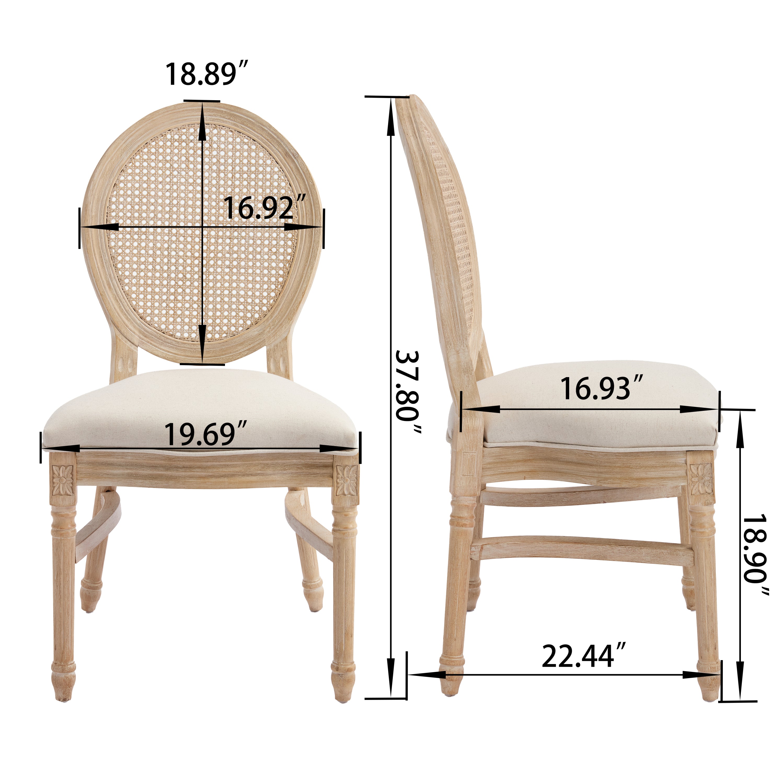 French Country Dining Chairs Set of 2, Upholstered Chairs with Nature Rattan Round Back, Wire drawing and carving techniques ,Disassemblable and Stackable, for Living Room, Kitchen , Restaurant Use
