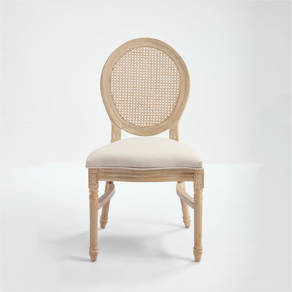 French Country Dining Chairs Set of 2, Upholstered Chairs with Nature Rattan Round Back, Wire drawing and carving techniques ,Disassemblable and Stackable, for Living Room, Kitchen , Restaurant Use