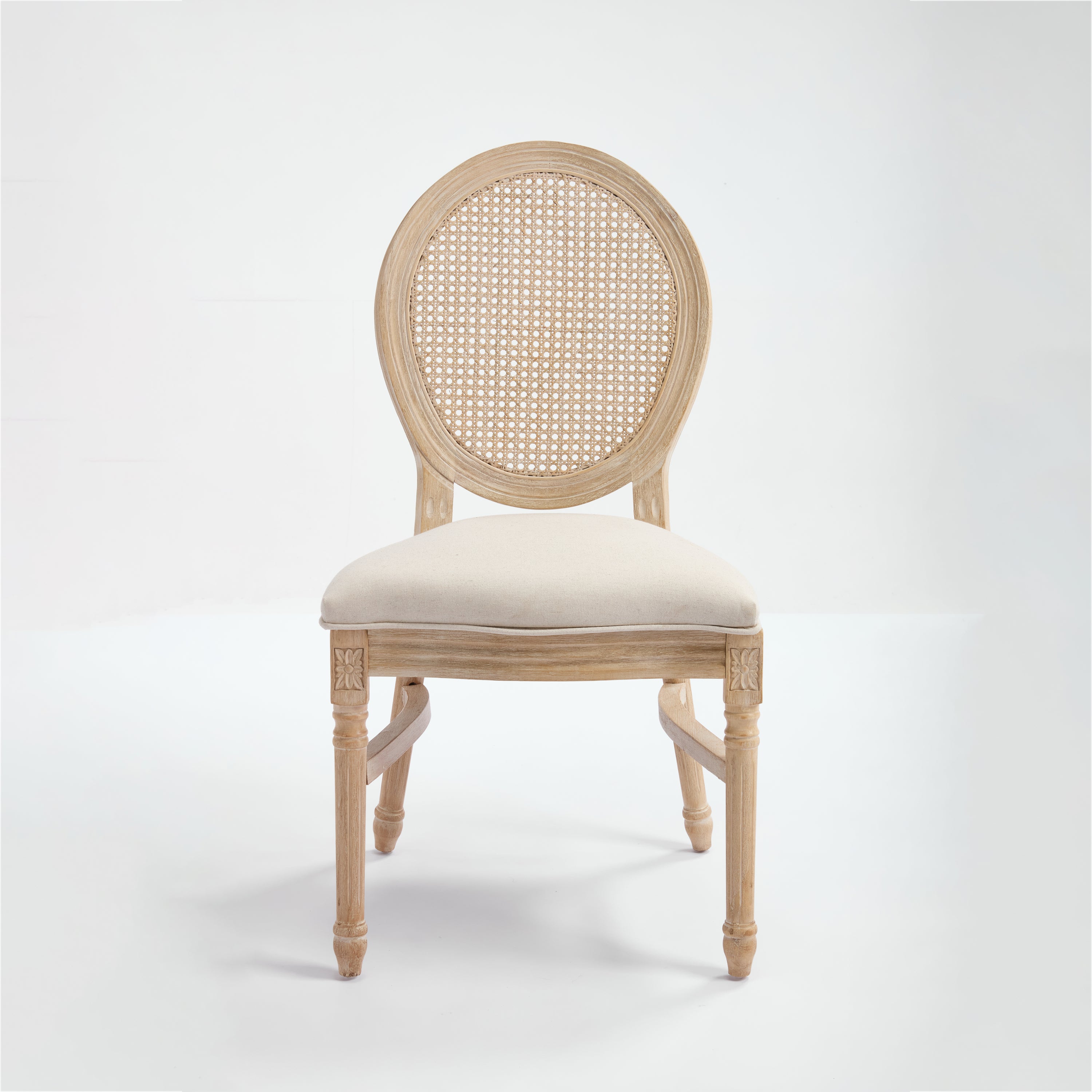 French Country Dining Chairs Set of 2, Upholstered Chairs with Nature Rattan Round Back, Wire drawing and carving techniques ,Disassemblable and Stackable, for Living Room, Kitchen , Restaurant Use