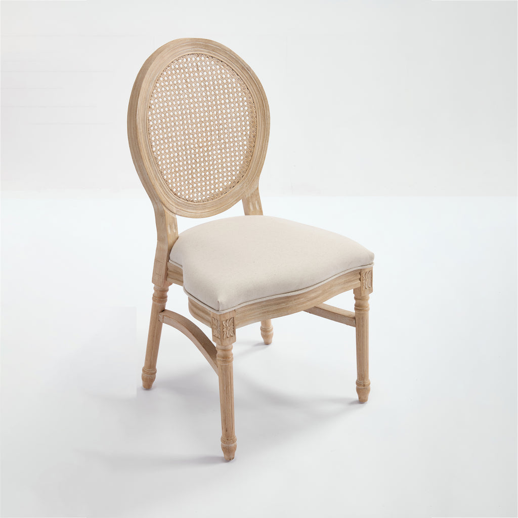French Country Dining Chairs Set of 2, Upholstered Chairs with Nature Rattan Round Back, Wire drawing and carving techniques ,Disassemblable and Stackable, for Living Room, Kitchen , Restaurant Use