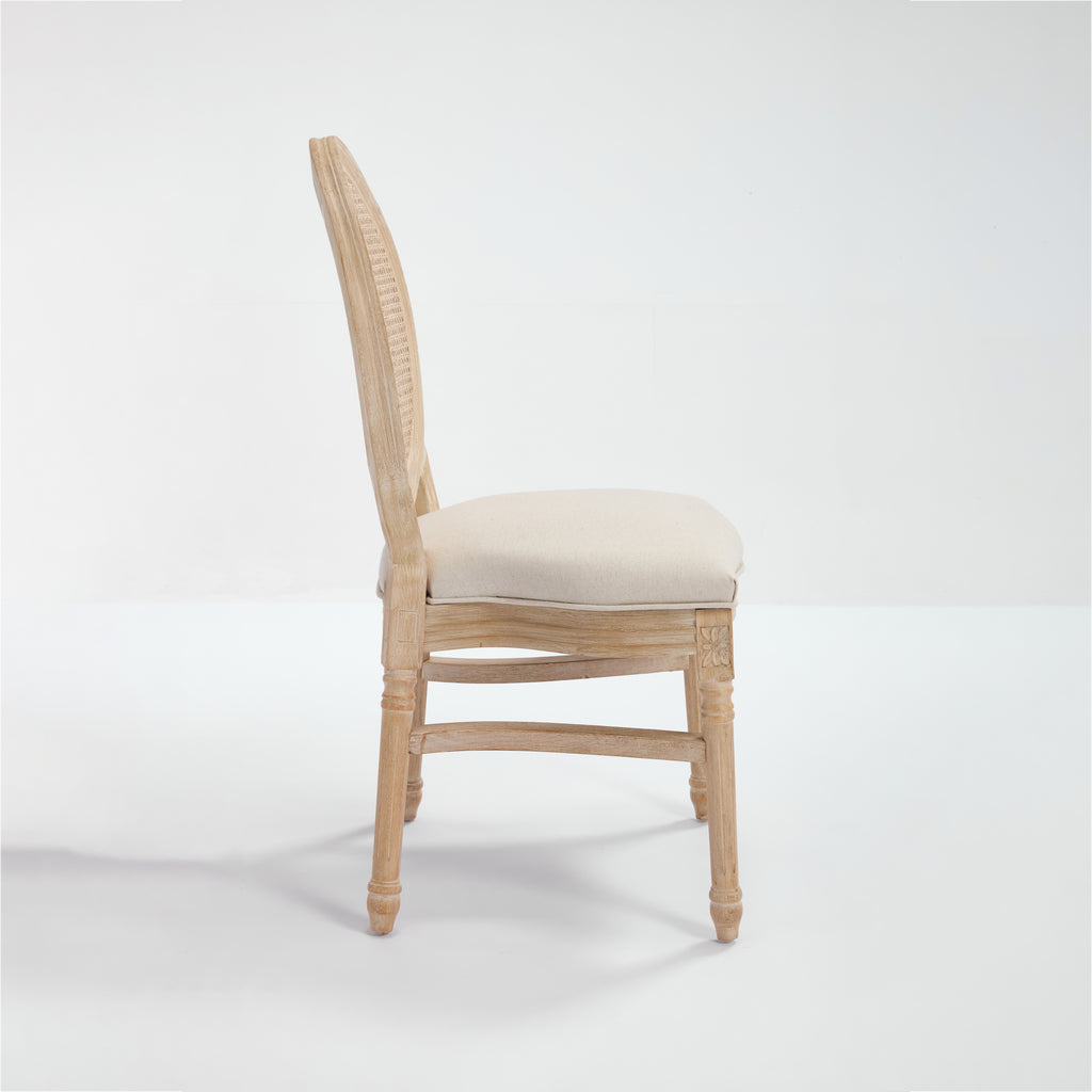 French Country Dining Chairs Set of 2, Upholstered Chairs with Nature Rattan Round Back, Wire drawing and carving techniques ,Disassemblable and Stackable, for Living Room, Kitchen , Restaurant Use