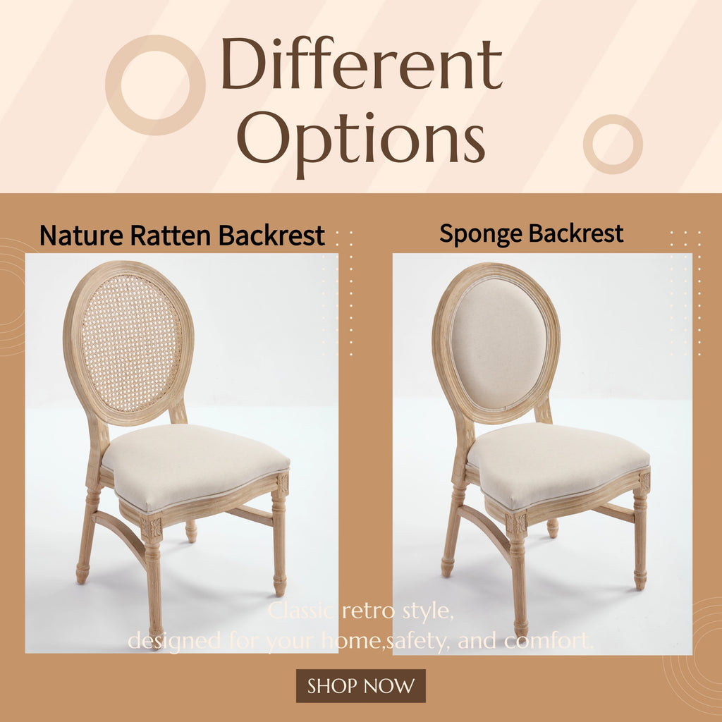 French Country Dining Chairs Set of 2, Upholstered Chairs with Nature Rattan Round Back, Wire drawing and carving techniques ,Disassemblable and Stackable, for Living Room, Kitchen , Restaurant Use